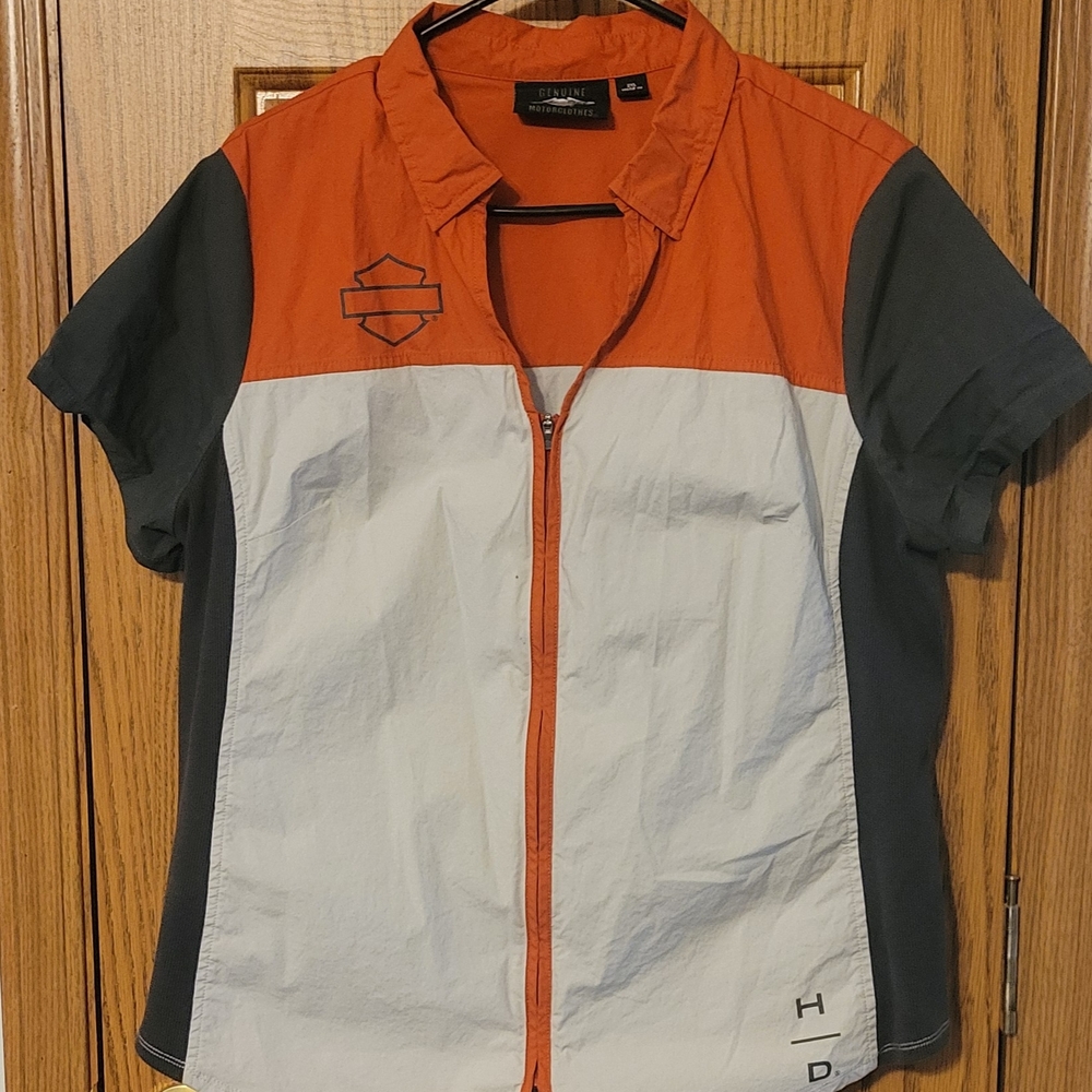 Harley-Davidson Orange and Gray Sporty Zip-Up Blouse